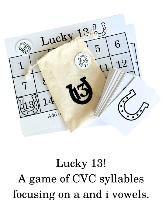 Promotional image for 'Lucky 13: A game of CVC syllables focusing on a and i vowels' featuring a game board, Detached CVC syllable cards, and Lucky 13 chips.