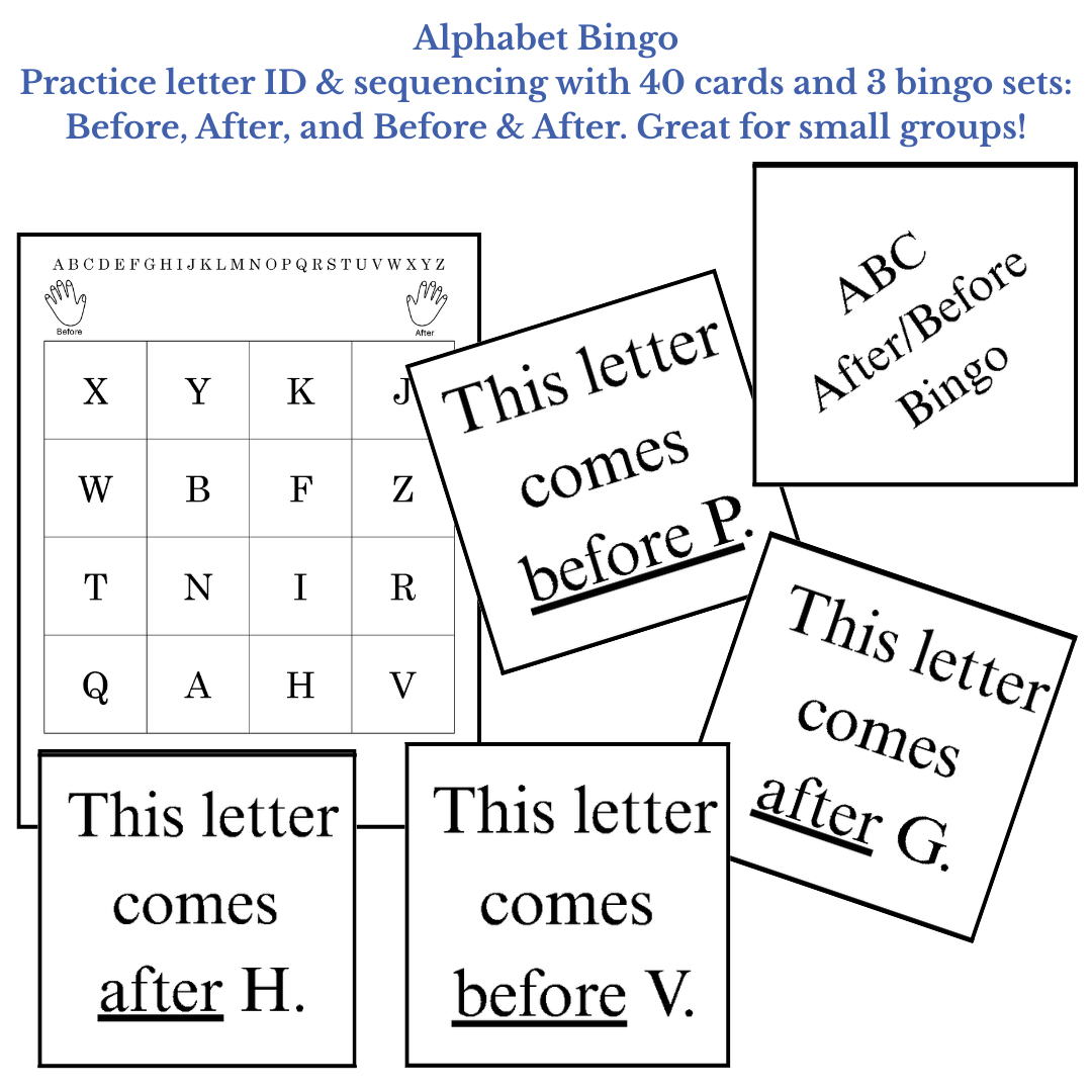 Promotional image for Alphabet Bingo featuring a bingo board with letter sequences and cards with letters, indicating educational use for practicing letter ID and sequencing.