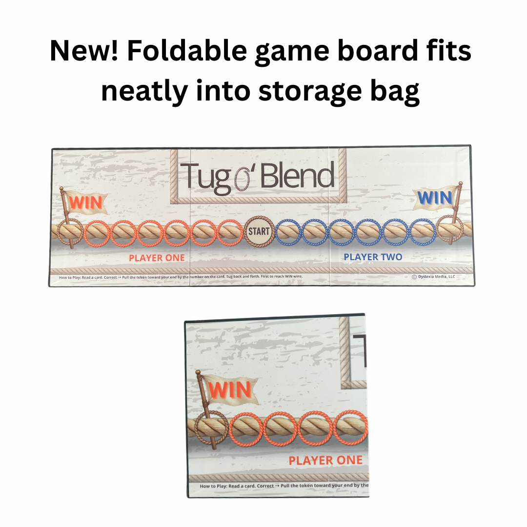 Foldable game board packaging for 'Tug o' Blend' with text about its storage feature.