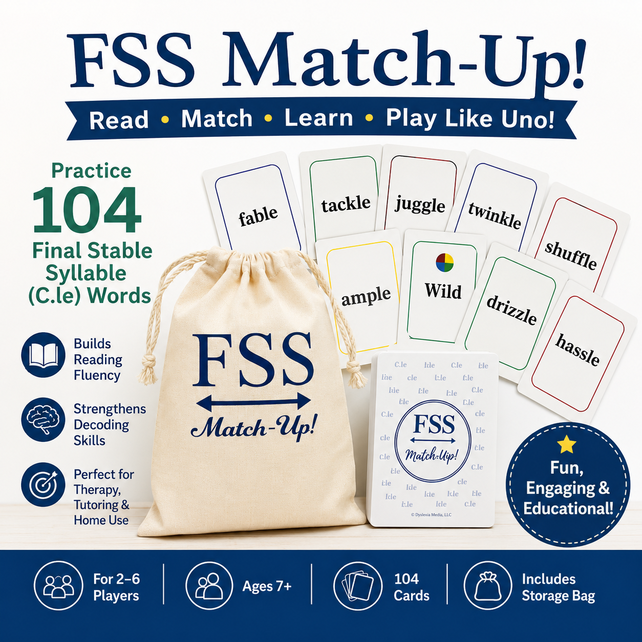FSS Match-Up! educational game set featuring 104 final stable syllable words, including cards, a matching game board, and a beige drawstring storage bag, presented on a white background with blue and green text overlays.