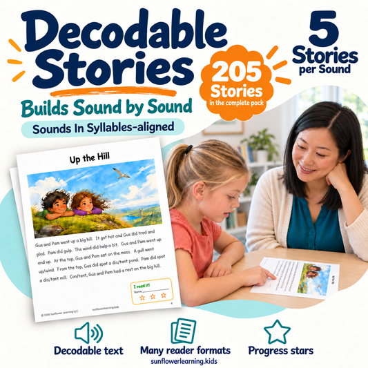 Promotional graphic for a children's decodable story pack titled 'Decodable Stories' with '5 Stories per Sound' and '205 Stories in the complete pack.' The design includes large blue title text, orange callout graphics, and a lifestyle photo of a woman and young girl reading together.