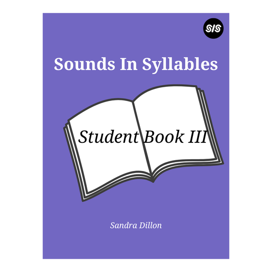 Front cover of the book 'Sounds In Syllables: Student Book III' by Sandra Dillon, shown on a white background. The cover is purple with white title text, a white illustrated open book, and a small black circular 'S/S' logo in the top right.