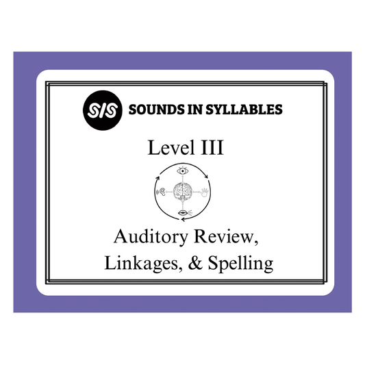 A book cover for 'Sounds in Syllables: Level III' featuring a white background with black text and a black double-line border, set against a solid purple background.