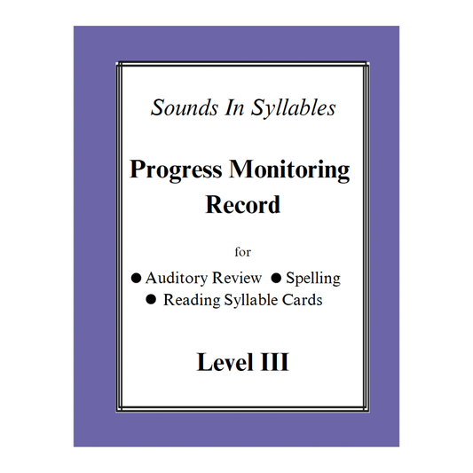 A progress monitoring record cover for 'Sounds In Syllables' Level III, featuring a white central panel with black text on a solid purple background.