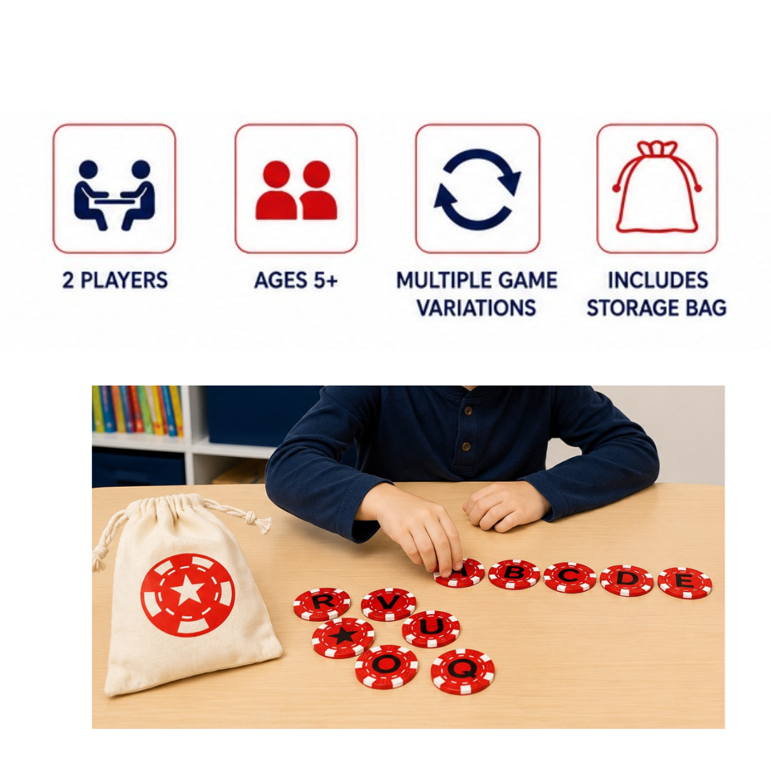 A tabletop game set shown with a child seated at the table, red-and-white circular tokens arranged on the surface, and a beige drawstring storage bag with a red star-and-circle logo. Above the photo, four icons note that the game is for 2 players, ages 5+, has multiple game variations, and includes a storage bag.