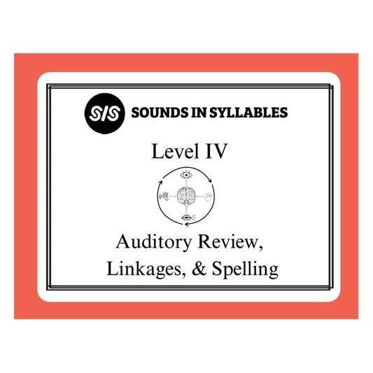 A book cover for 'Sounds in Syllables: Level IV' featuring a white background with a coral-red border, black text, and a central circular diagram.