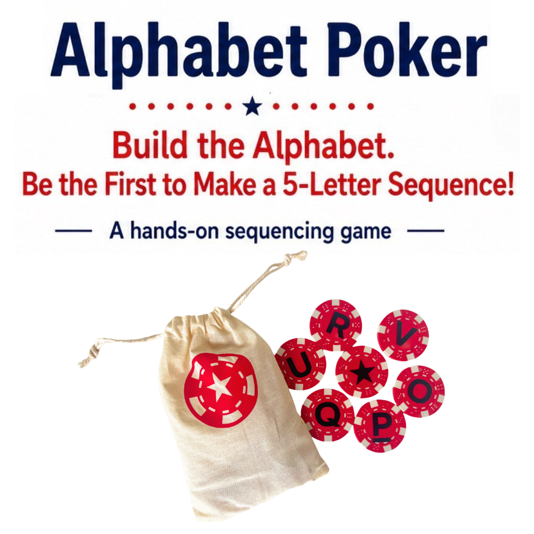 Alphabet Poker game set with red and white lettered poker chips and a beige drawstring bag on a white background, with promotional text above.