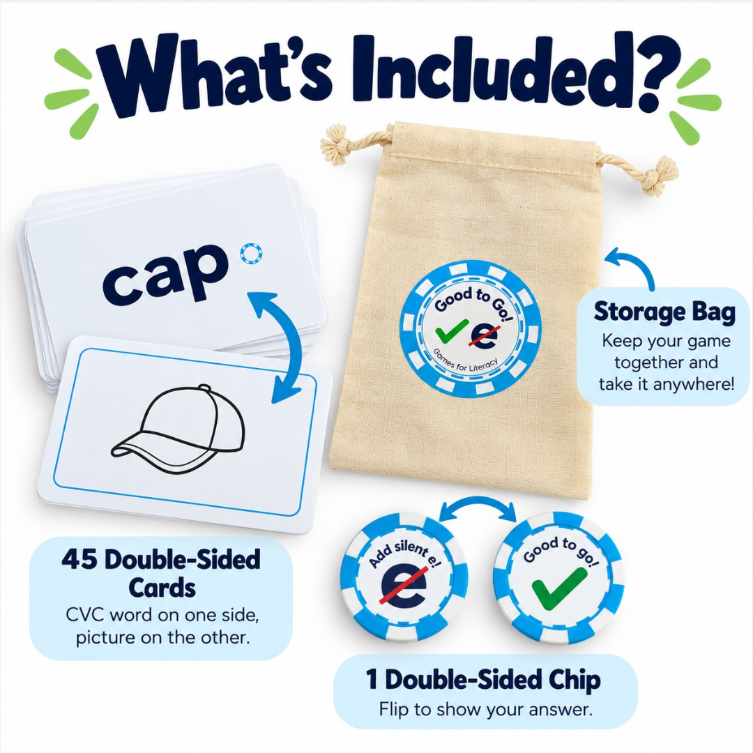 CVC word game set shown with included components on a white background: a stack of double-sided cards, a beige drawstring storage bag, two circular double-sided chips, and text callouts describing the contents.