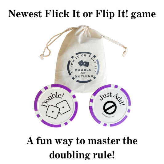 Flick It or Flip It! game components with a drawstring bag on a white background