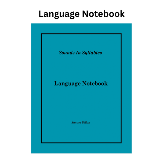 A teal-blue book cover titled 'Language Notebook' with the subtitle 'Sounds In Syllables' and author name 'Sandra Dillon' centered on a white background.