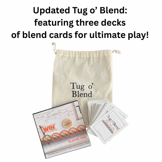 Tug o' Blend card game set with drawstring bag and cards on a white background