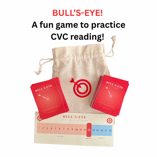 Bull's-Eye reading game with red cards and a scorecard on a white background