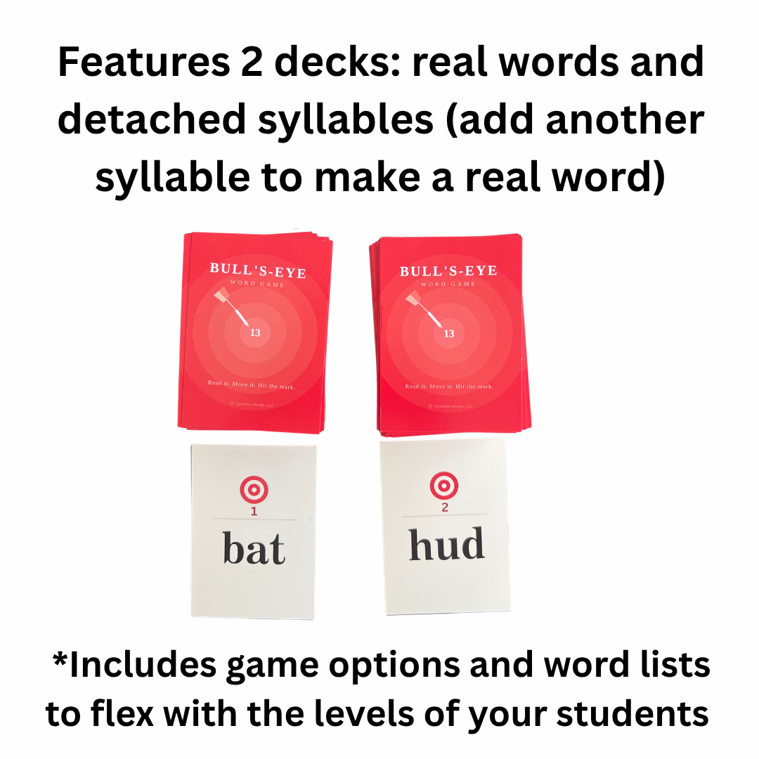 Two red game decks with a target and word card on a white background, featuring text about word games.