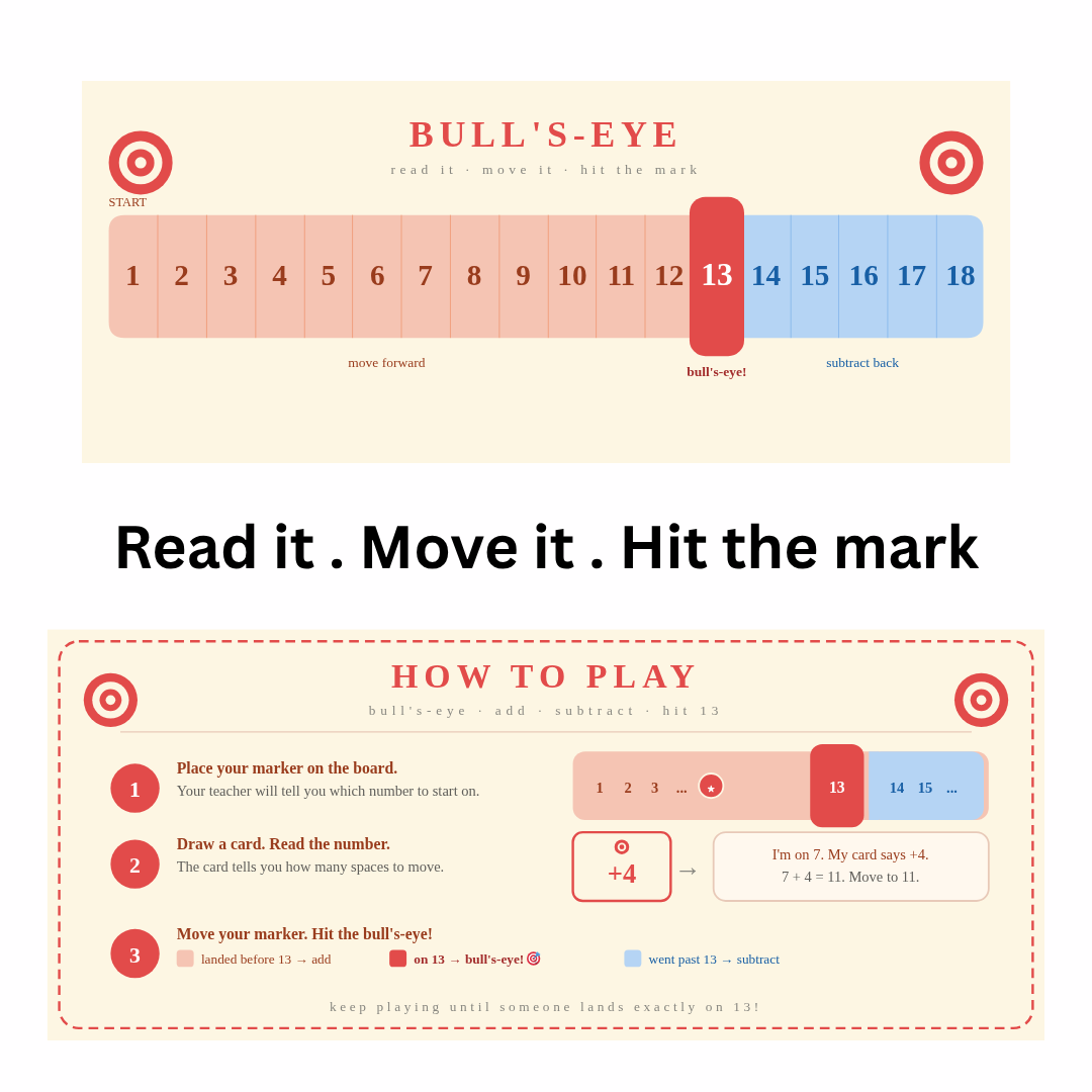 Educational game board with targets and numbers for reading and movement