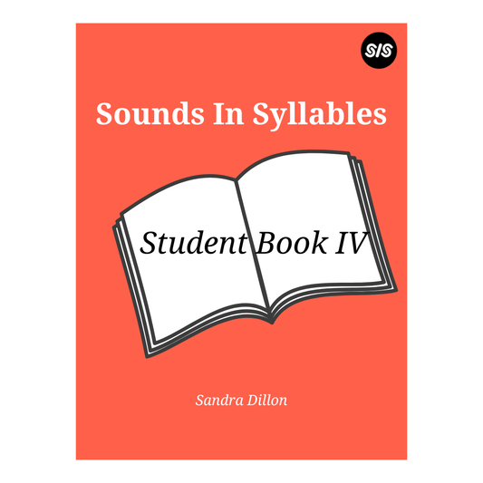 Front cover of the book 'Sounds In Syllables: Student Book IV' by Sandra Dillon, featuring a coral-red background, a white illustrated open book, and a small black circular 'SIS' logo in the top right.