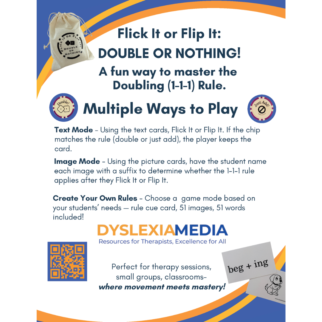 Dyslexia Media educational product flyer with text and images on a blue and white background