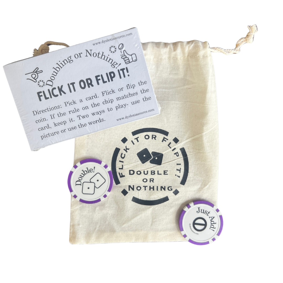 Flick It or Flip It game set with cards and chips on a white background