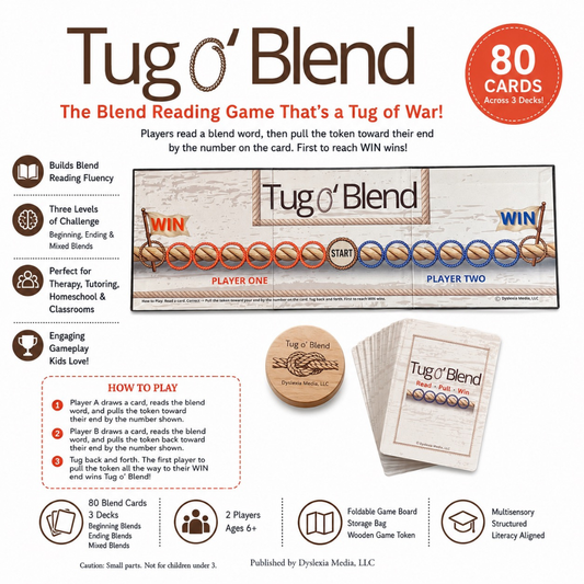 Tug o' Blend wooden game board and cards set shown on a white background with product features, play instructions, and an orange badge reading '80 CARDS Across 3 Decks!'.