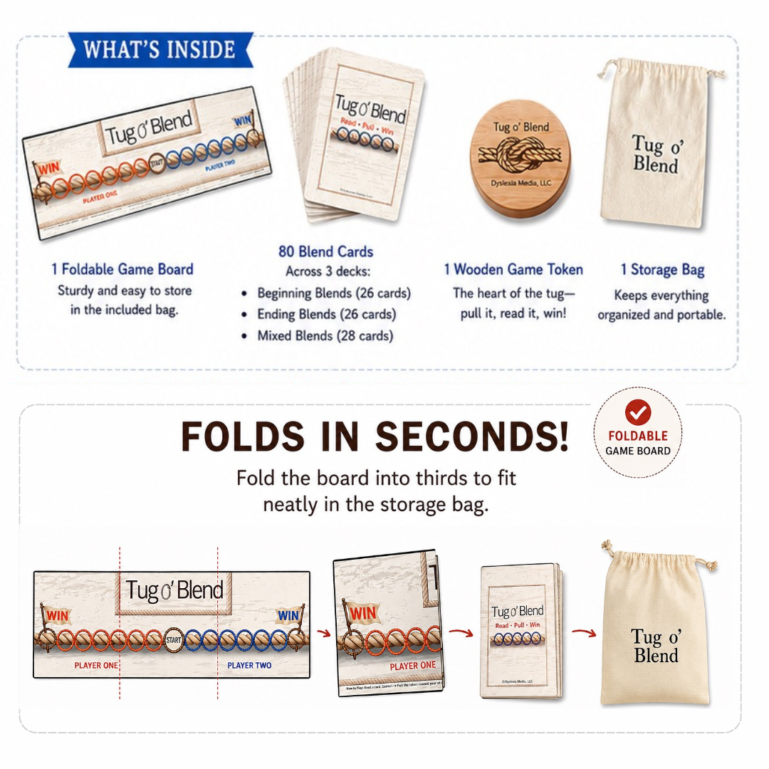A product information graphic for the Tug o' Blend card game, showing the contents included: a foldable game board, 80 blend cards, a wooden token, and a storage bag, with step-by-step folding instructions for the board and bag.