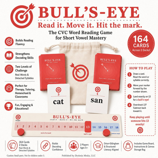 Bull's-Eye CVC Word Reading Game product display on a white background, showing the red game box, wooden board, cards, and instruction panel with text and icons.