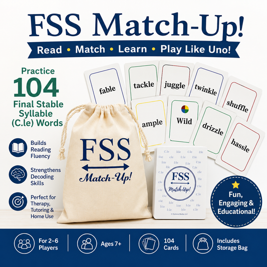 FSS Match-Up! educational game set featuring 104 final stable syllable words, including cards, a matching game board, and a beige drawstring storage bag, presented on a white background with blue and green text overlays.
