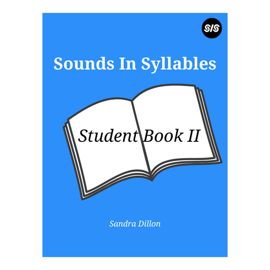 Front cover of the book 'Sounds In Syllables: Student Book II' by Sandra Dillon, featuring a bright blue background, a white illustrated open book, and a small black circular 'S/S' logo in the top right.