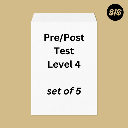 A white rectangular card or box centered on a tan background, printed with the text 'Pre/Post Test Level 4 set of 5' in black. A small black circular 'SIS' logo appears in the top-right corner.