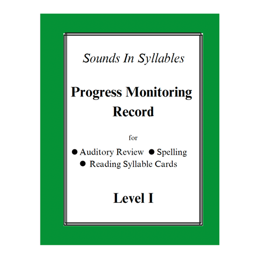 A progress monitoring record cover for 'Sounds In Syllables' Level I, featuring a green border with a white center containing black text.