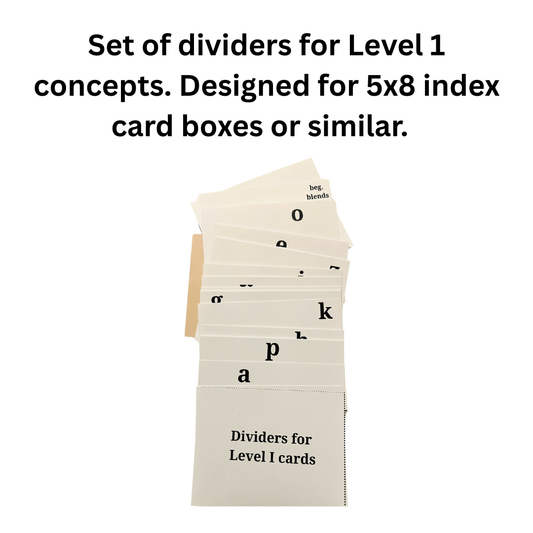 A set of cream-colored index card dividers with black printed text, shown fanned out with text above reading 'Set of dividers for Level 1 concepts. Designed for 5x8 index card boxes or similar.