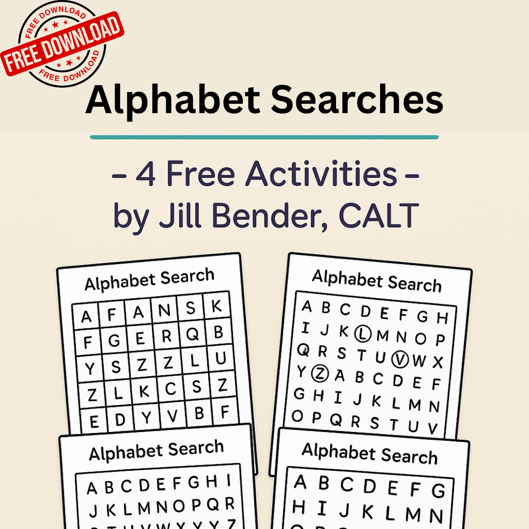 Promotional graphic for 'Alphabet Searches' by Jill Bender, CALT, showing four sample alphabet search activity sheets on a light beige background with a red 'Free Download' badge in the top-left corner.