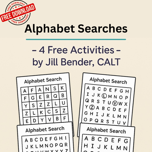Promotional graphic for 'Alphabet Searches' by Jill Bender, CALT, showing four sample alphabet search activity sheets on a light beige background with a red 'Free Download' badge in the top-left corner.