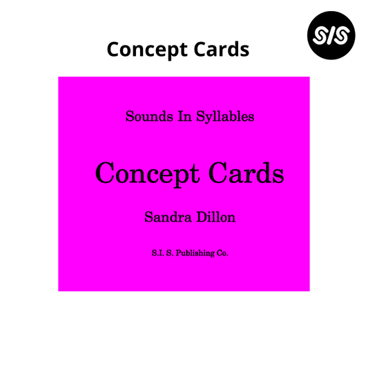 Front cover of a pink concept card set titled 'Concept Cards' with the subtitle 'Sounds In Syllables' and author name 'Sandra Dillon' on a white background. A black circular 'S/S' logo appears in the top right corner.